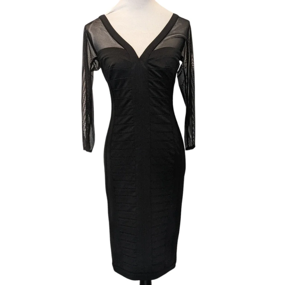 Tadashi Shoji Black Illusion Yoke Bandage Stretch Cocktail Evening Dress XS LBD - Picture 2 of 11